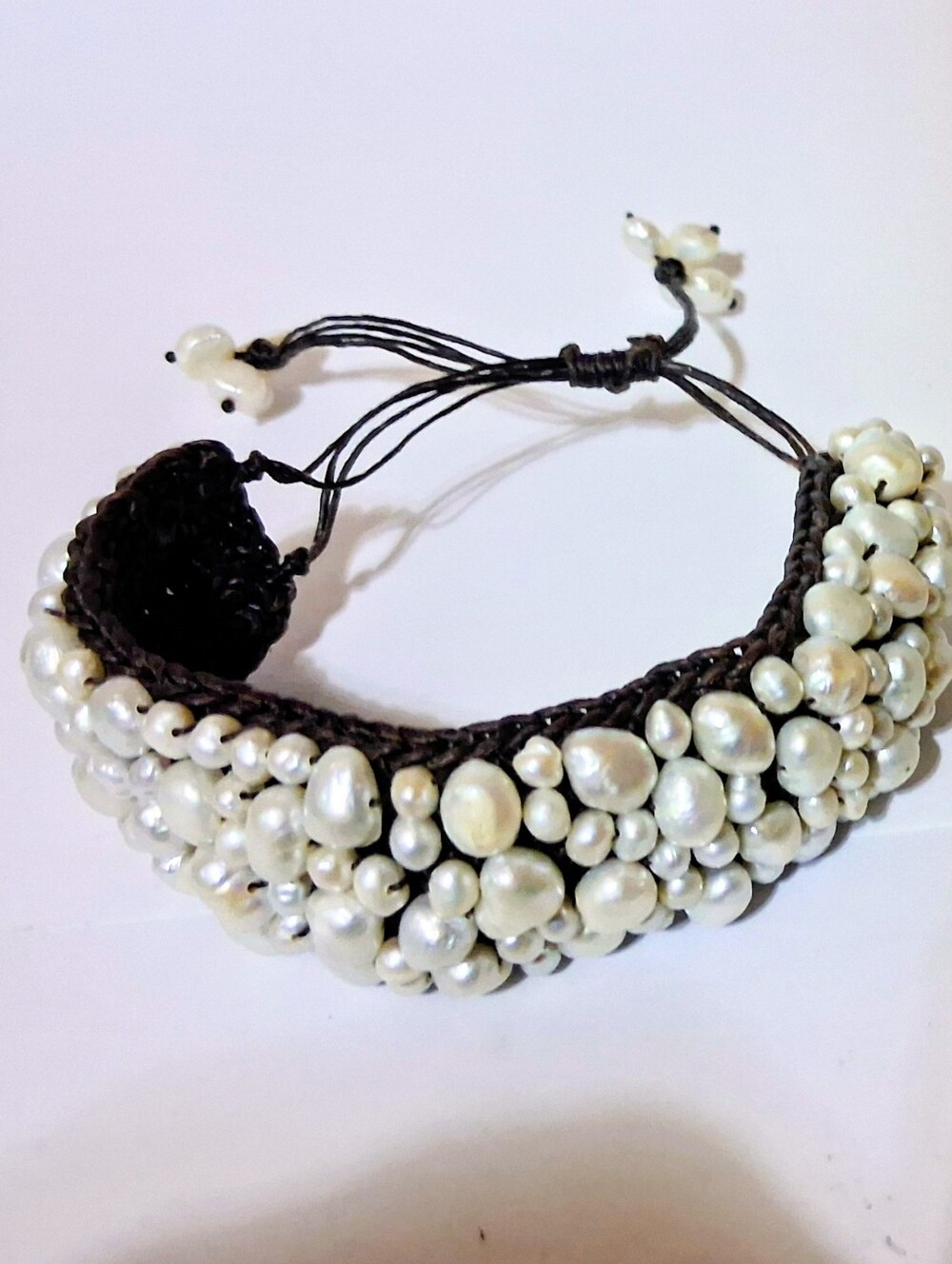 Handmade White Pearl Cluster Macrame Bracelet - Adjustable